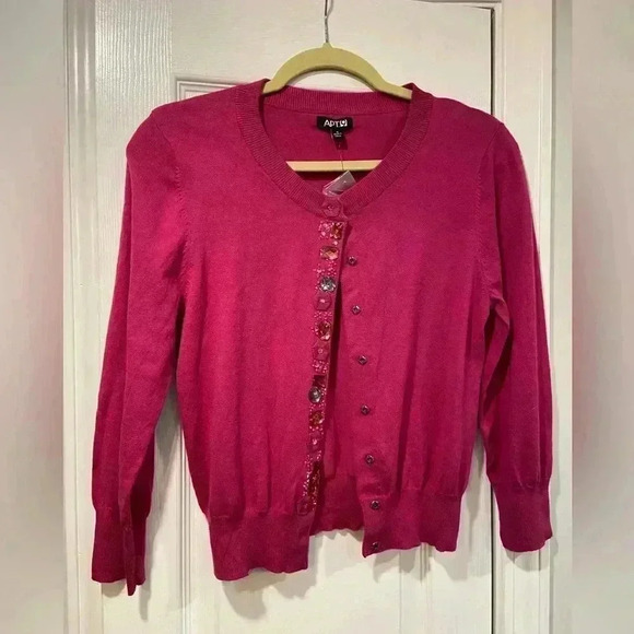 NWT Apt. 9 Pink Embroidered Beaded Bedazzled Button Front Cardigan Size Small - Picture 1 of 10